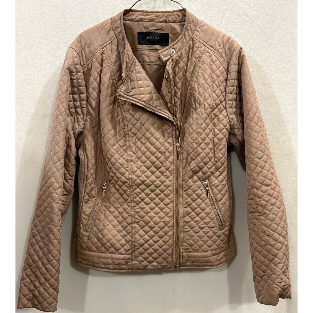 Reserved Tan Quilted Asymmetrical Zip Moto Jacket Ribbed Panels Size large 44
